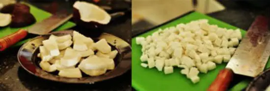 Thái nhỏ phần cùi dừa trắng dùng làm nước cốt dừa