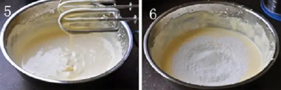 cho bột mì đã rây vào bát trứng