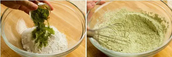 Bắt đầu chuẩn bị bột làm Donut trà xanh bọc sôcôla