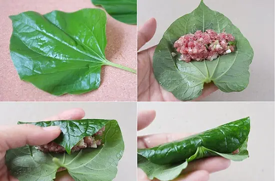 cuốn thịt bò vào lá lốt