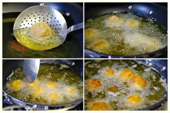 thả chả cá vào chiên để được món chả cá chiên giòn