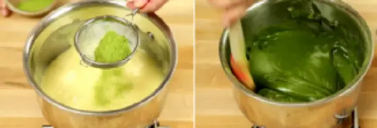 cho thêm bột trà xanh vào