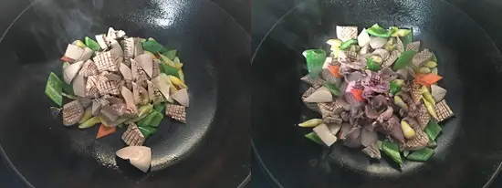 cho cật heo và mề gà vào xào