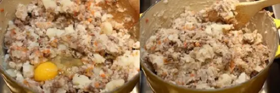 trộn hỗn hợp thịt bò với khoai tây, trứng