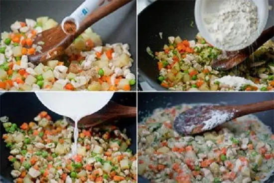 cho rau củ, sữa, bột đao vào đun tiếp