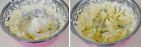 Đổ từ từ hỗn hợp kem vào phần bột làm bánh bông lan hương quất