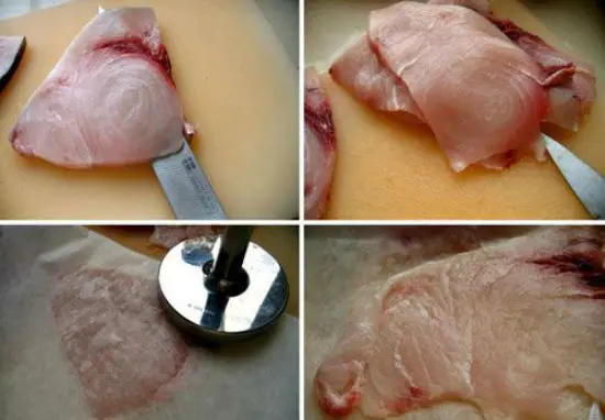 sử dụng những lát thịt cá kiếm to bản để chế biến món cá kiếm cuộn sốt cà chua kiểu Ý