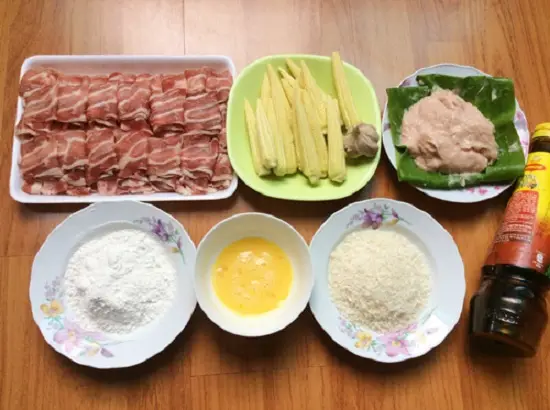 nguyên liệu cho món thịt bò cuộn ngô non chiên xù
